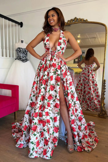A Line Deep V Neck Floral Printed Satin Prom Dress