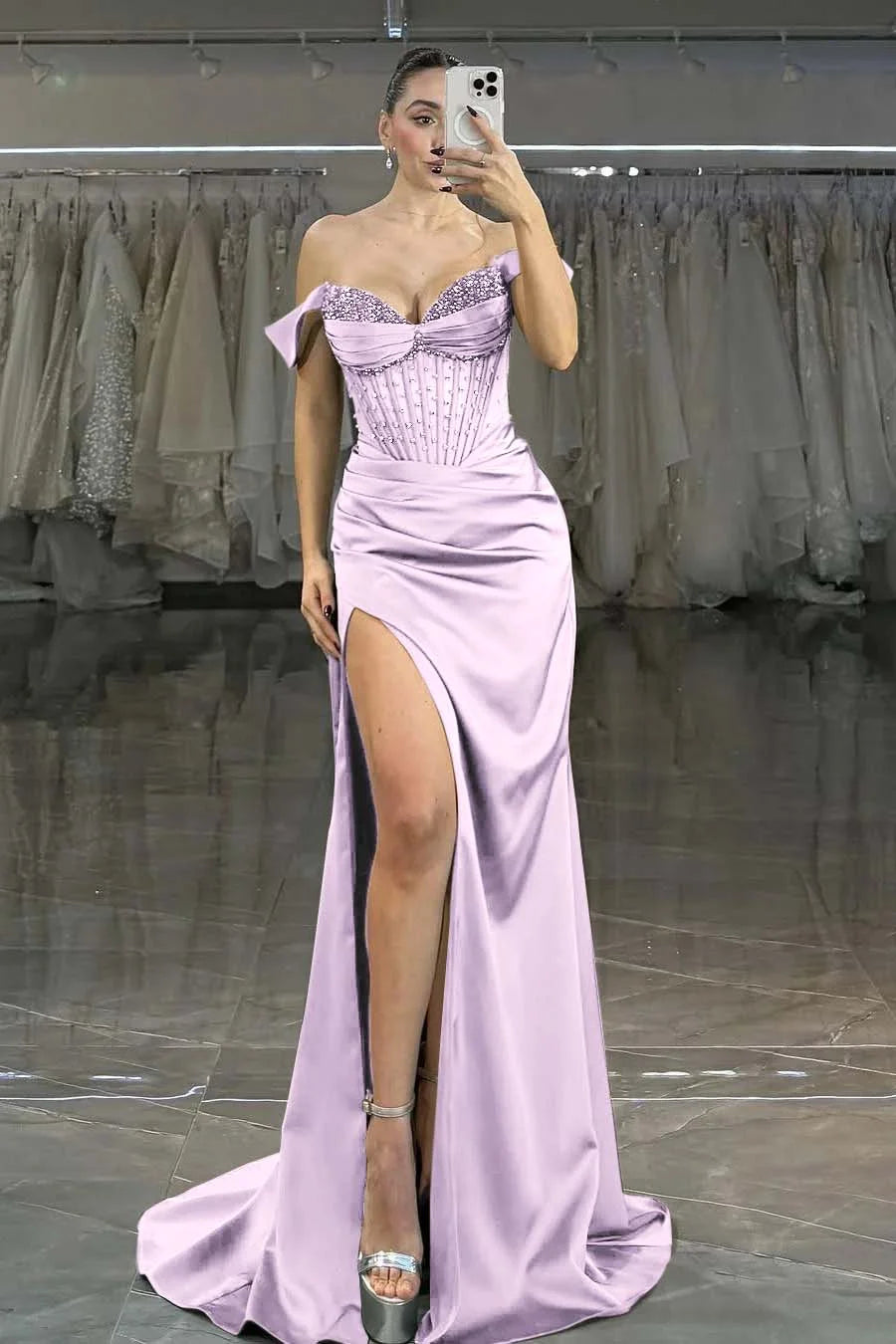 Green Off-The-Shoulder Beaded Split Evening Dress ZT0382