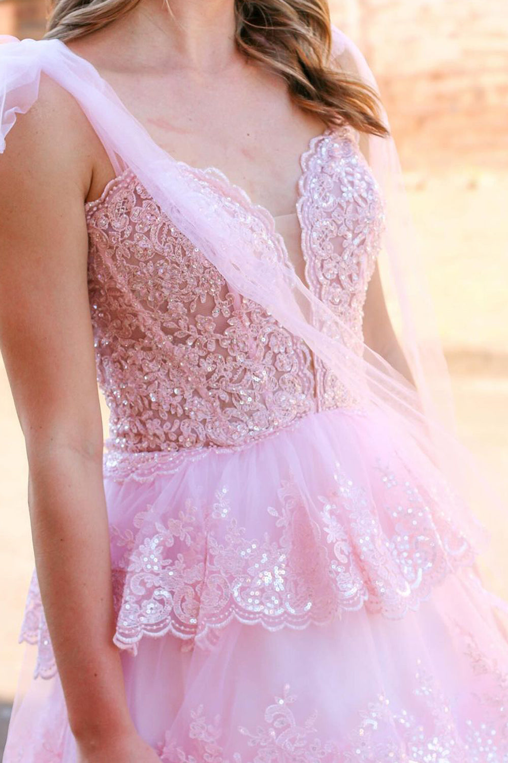 V-Neck Bows-Straps Sleeveless Sequined Applique Tulle Pleated Tiered A-Line Prom Dress