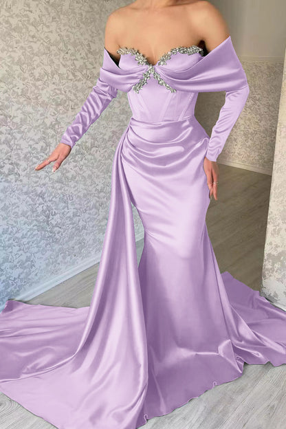 Sweetheart Long Sleeve Prom Dress Mermaid Evening Formal Dress With Rhinstone