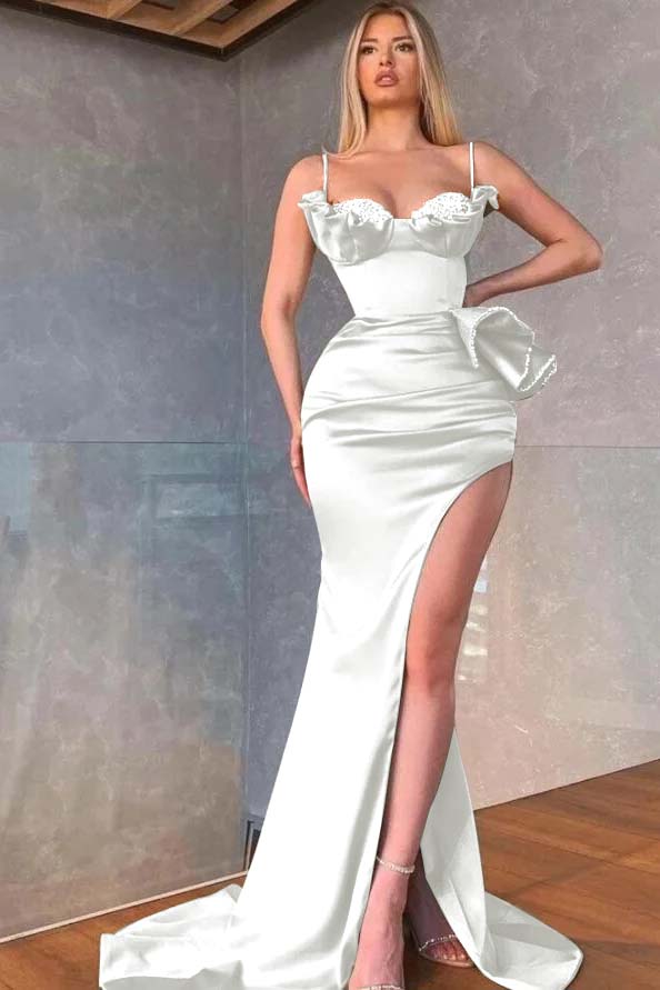 Spaghetti Straps Sleeveless Long Mermaid Prom Dress With Pleated