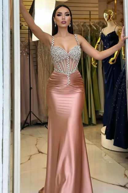 Rose Gold Beaded Gorgeous Mermaid Pleated Prom Dress