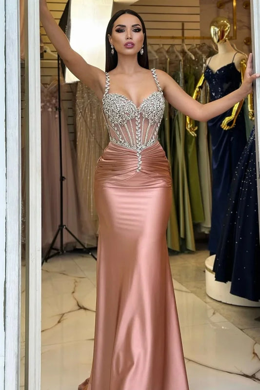 Rose Gold Beaded Gorgeous Mermaid Pleated Prom Dress