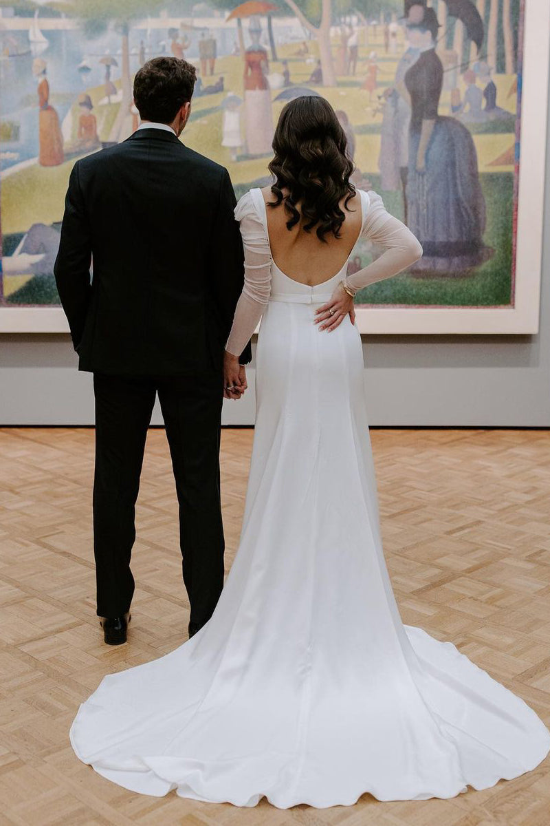 Charming Mermaid Square Neck Long Sleeves White Satin Wedding Dress
