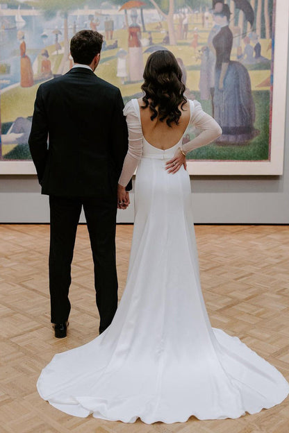 Charming Mermaid Square Neck Long Sleeves White Satin Wedding Dress