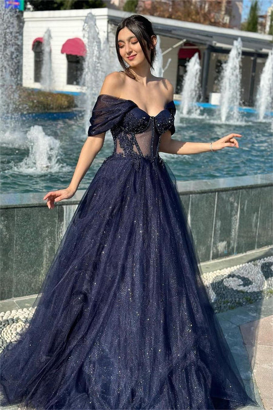 Navy Prom Dress Off the Shoulder Sweetheart Mermaid Long Evening Formal Dress