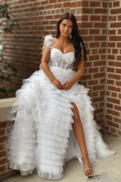 A-Line Sweetheart White Ruffle Tiered Tulle Long Prom Dress
