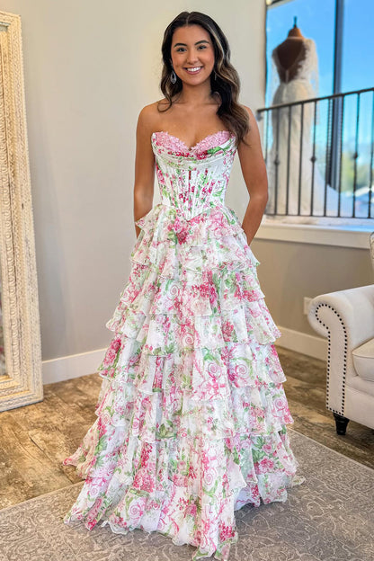 Gorgeous A Line Sweetheart Floral Chiffon Tiered Prom Dress with Slit