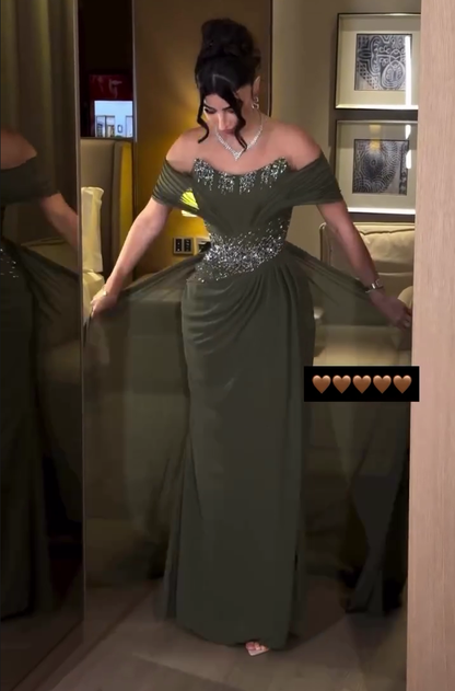 Green Off Shoulder Beaded Ruched Sheath Formal Evening Gown
