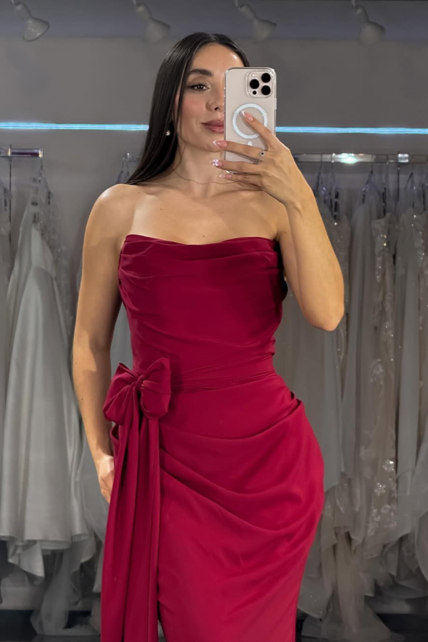 Burgundy Long Strapless Mermaid Bow Prom Dress