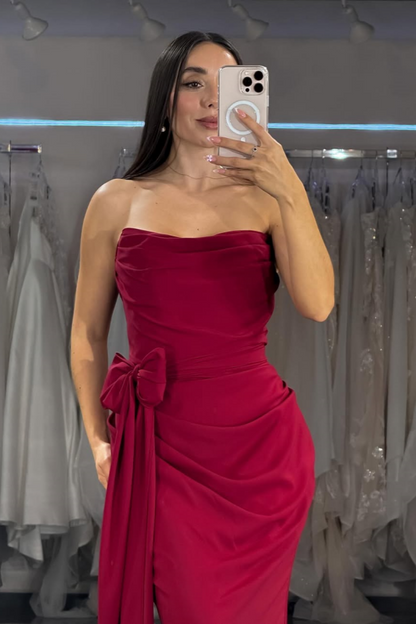 Burgundy Long Strapless Mermaid Bow Prom Dress