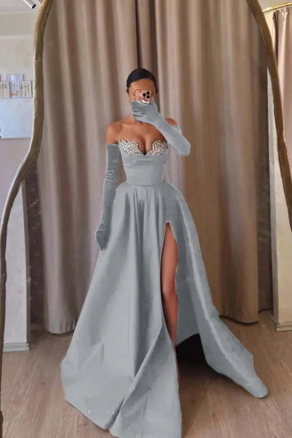 Formal Black Strapless Split Beaded A-Line Prom Dress With Velvet Gloves