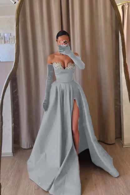 Formal Black Strapless Split Beaded A-Line Prom Dress With Velvet Gloves