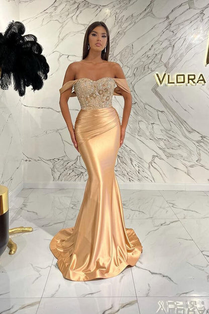 Gorgeous Off the Shoulder Prom Dress Mermaid Sequined Evening Formal Dress With Beading Pleated