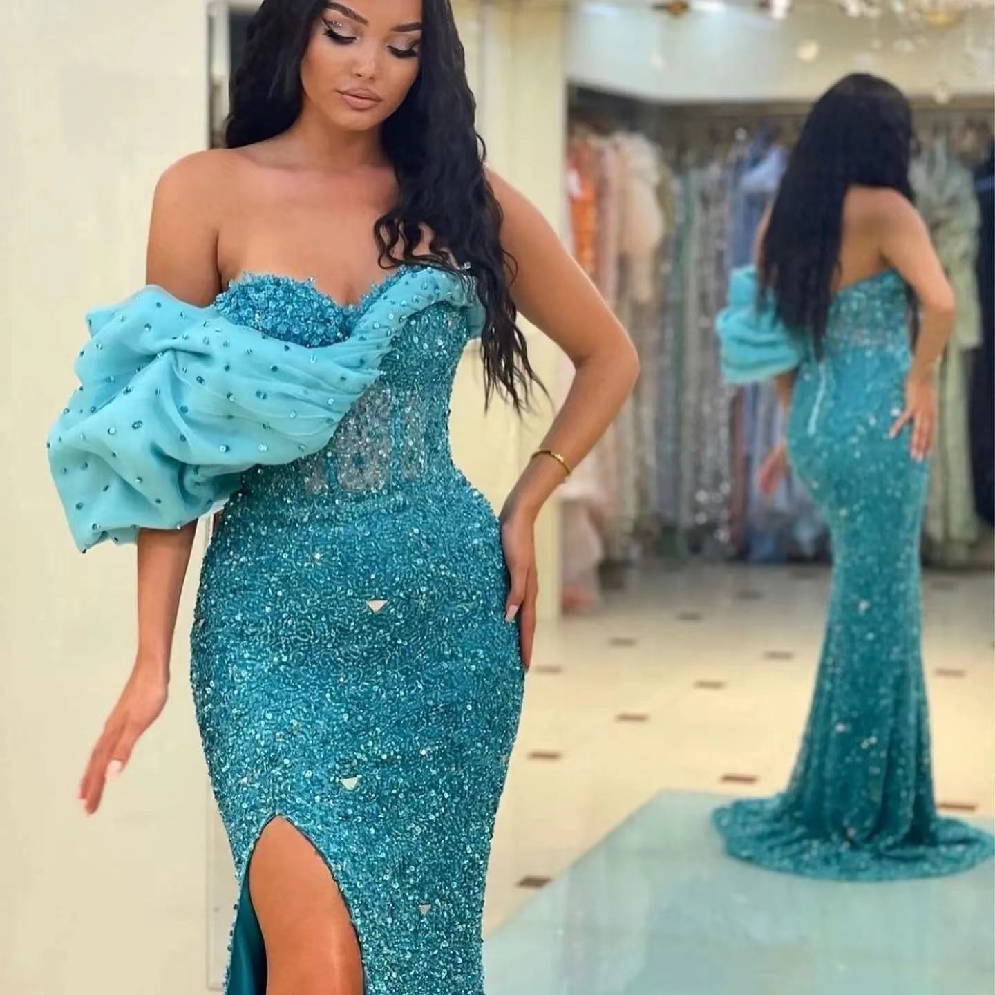 Amazing One Shoulder Sweetheart Mermaid Split Evening Dress