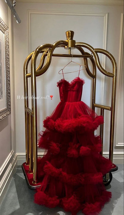 Red Ruffled Tiered Tulle Maxi Ball Gown