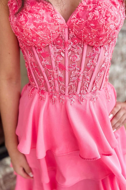 Cute A-Line Sweetheart Pink Ruffle Tiered Long Prom Dress