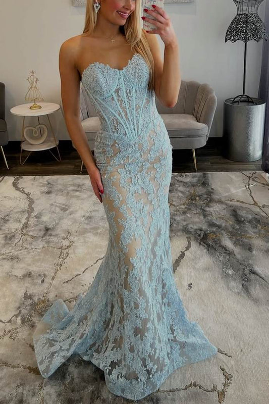 Mermaid Sweetheart Sky Blue Lace Applqiues Long Prom Evening Dress
