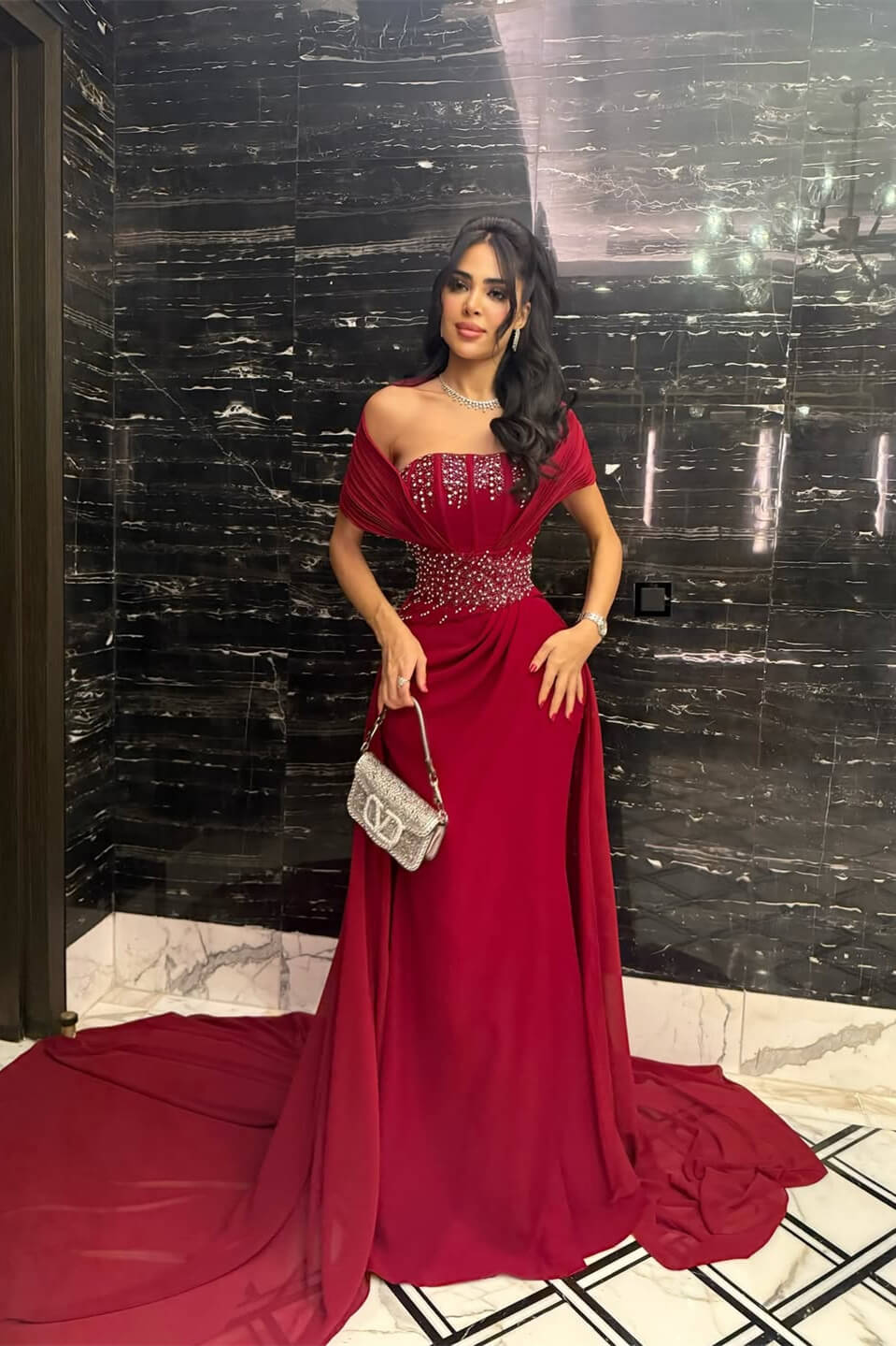 Bugurndy Off-the-Shoulder Chiffon Evening Dress