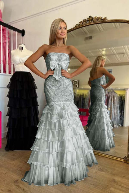 Stunning Strapless Prom Dress Mermaid Ruffles Beading with Bow
