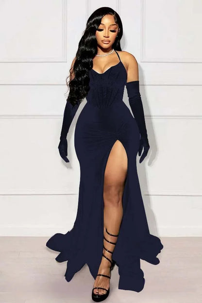 Black Mermaid Split Prom Dress With Long Gloves