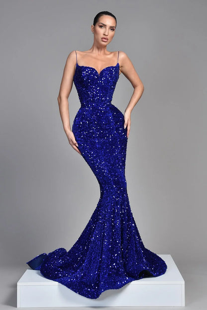 Royal Blue Sequins Evening Dress Sleeveless Spaghetti Strap
