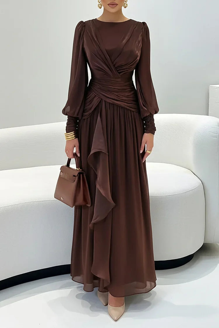 Ruched Cinch Waist Ruffled Party Solid Color Maxi Dresses