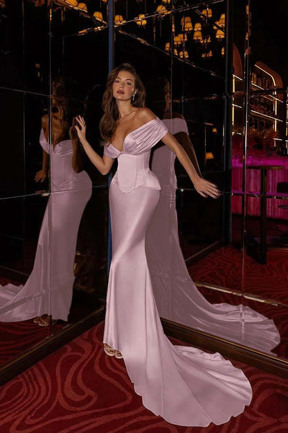 Off the Shoulder Sleeveless Long Mermaid Evening Formal Dress With Pleated