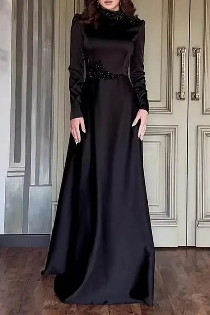 Mock Neck Long Sleeve Flower Patchwork Party Maxi Dresses-Black