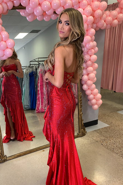 Gorgeous Mermaid Scoop Neck Red Satin Prom Dress with Rhinestones