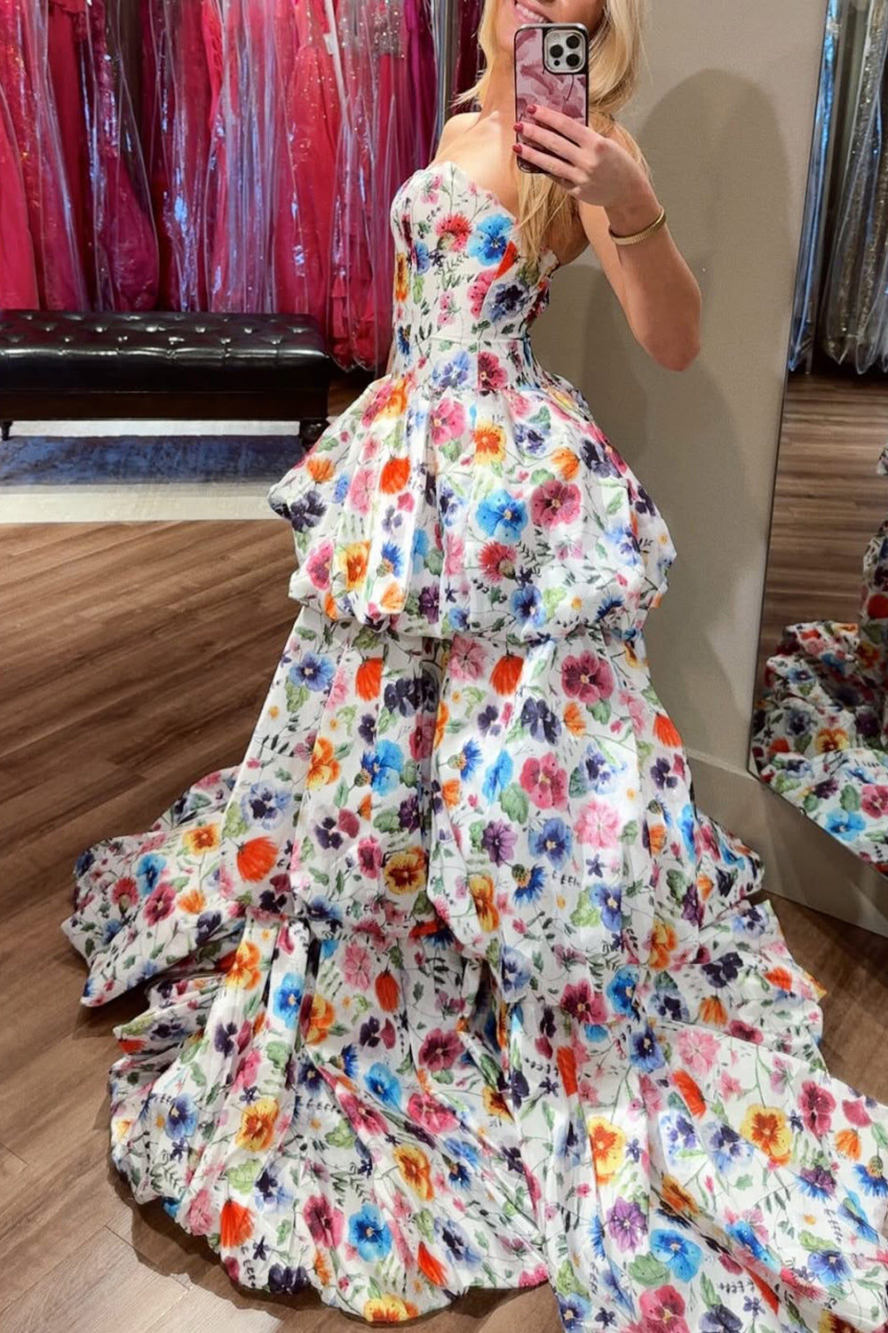 Tube Top Sleeveless Print-Satin Pleated High Slit Tiered A-Line Prom Dress