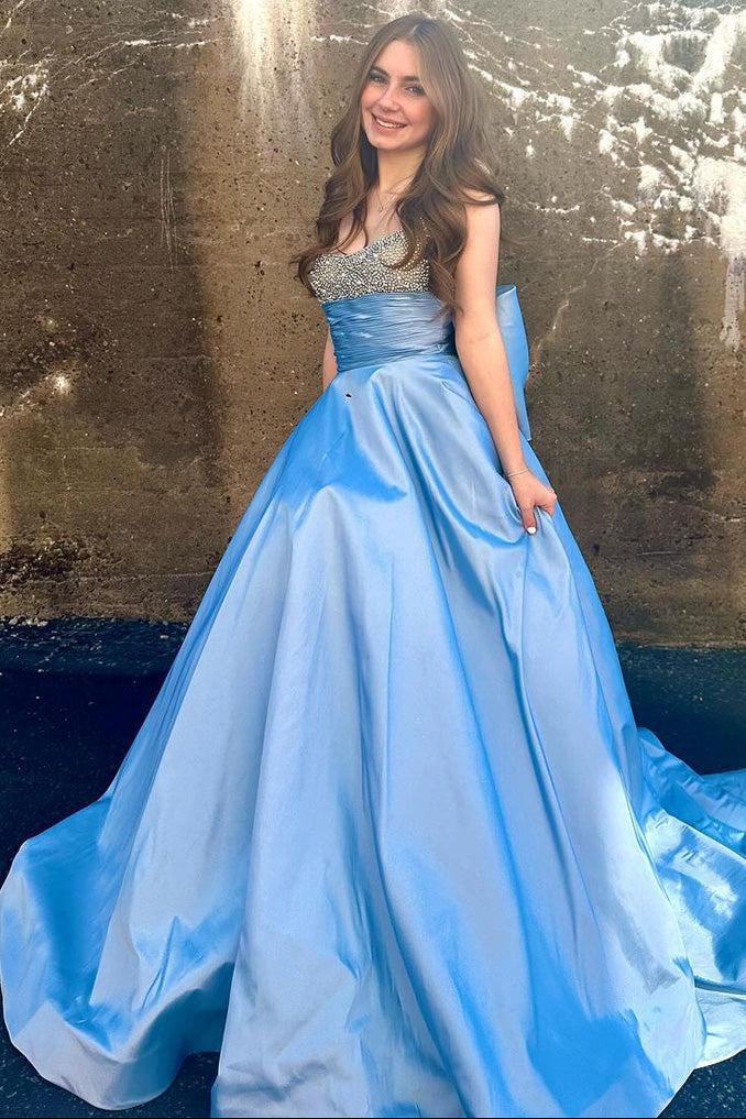 Pretty A Line Beaded Light Blue Satin Prom Dress with Bow
