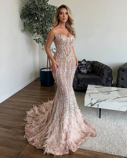 Shining Sequins Mermaid Prom Dress with Feathers