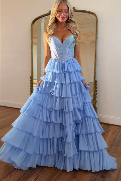 Charming A-Line Strapless Ruffle Tiered Chiffon Long Prom Dress