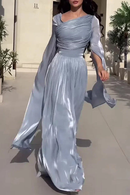 Ruched Irregular Neck Slit Long Sleeve Lace Up Cinch Waist Party Maxi Dresses