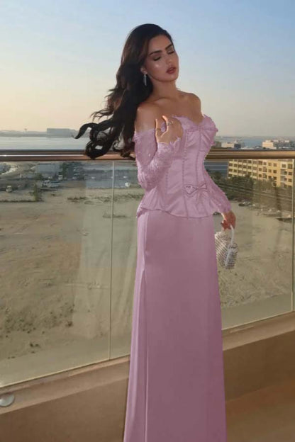 Sweetheart Strapless Long Sleeves Long Prom Dress With Bow And Beadings