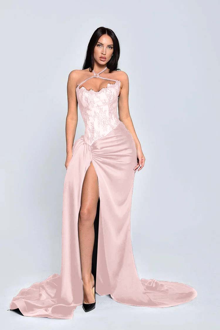 Charming Black Halter Lace Patchwork Evening Dress with Slit