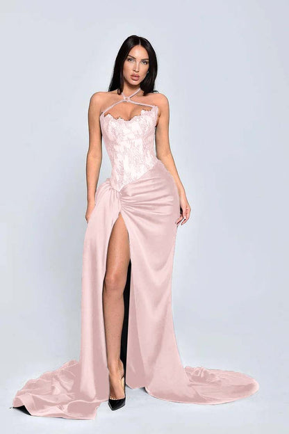 Charming Black Halter Lace Patchwork Evening Dress with Slit