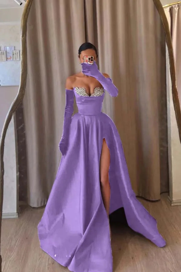 Formal Black Strapless Split Beaded A-Line Prom Dress With Velvet Gloves