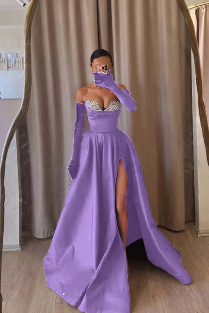 Formal Black Strapless Split Beaded A-Line Prom Dress With Velvet Gloves