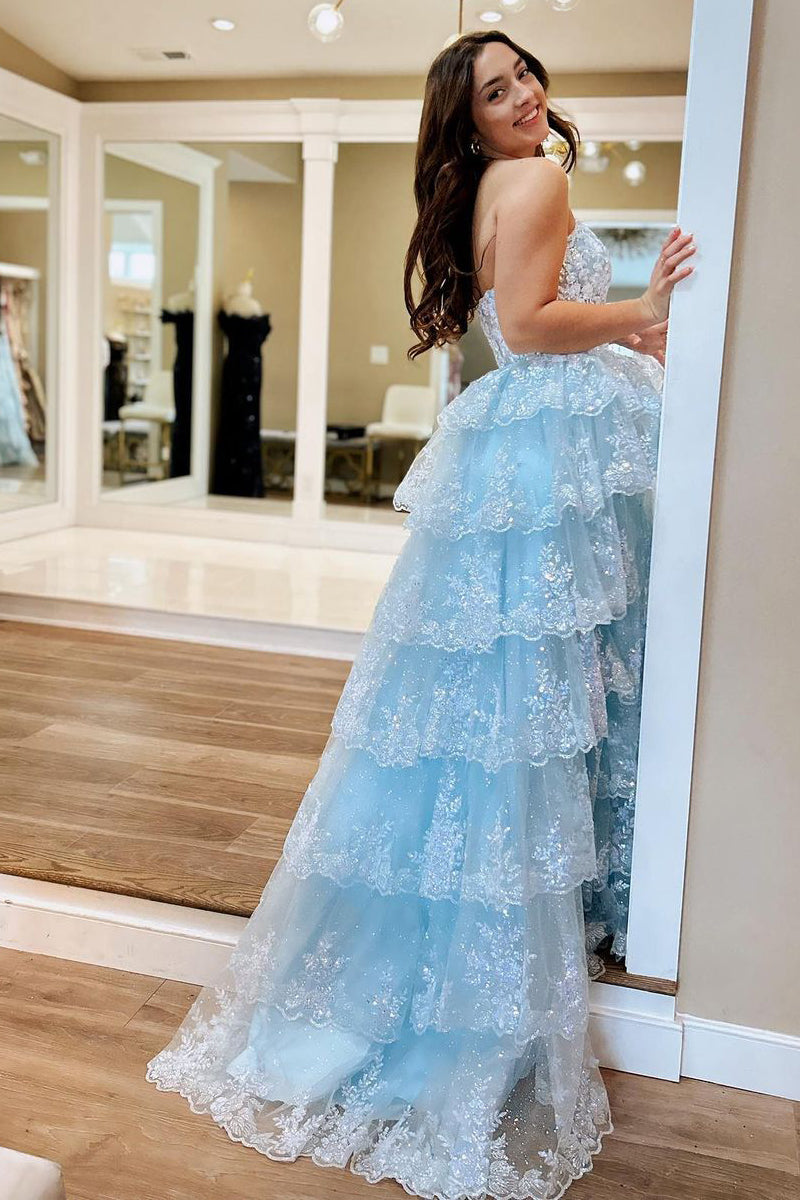 Light Blue Strapless Ruffle Sequin Lace Prom Dress