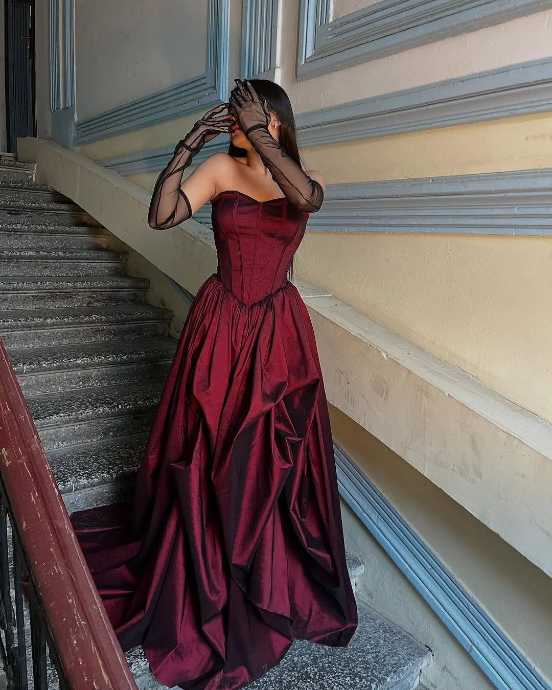 Glamorous Strapless Burgundy A-Line  Prom Dress With Gloves