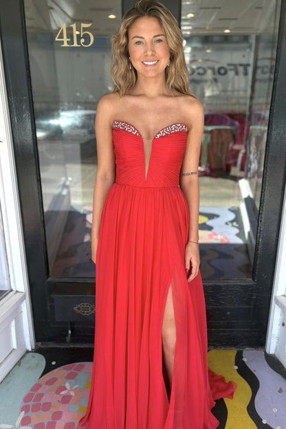 Fairy A Line V Neck Red Chiffon Prom Dresses with Beading