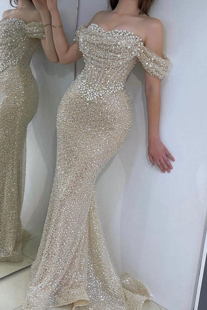 Charming Beaded Off-the-Shoulder Mermaid Prom Dress with Sequins