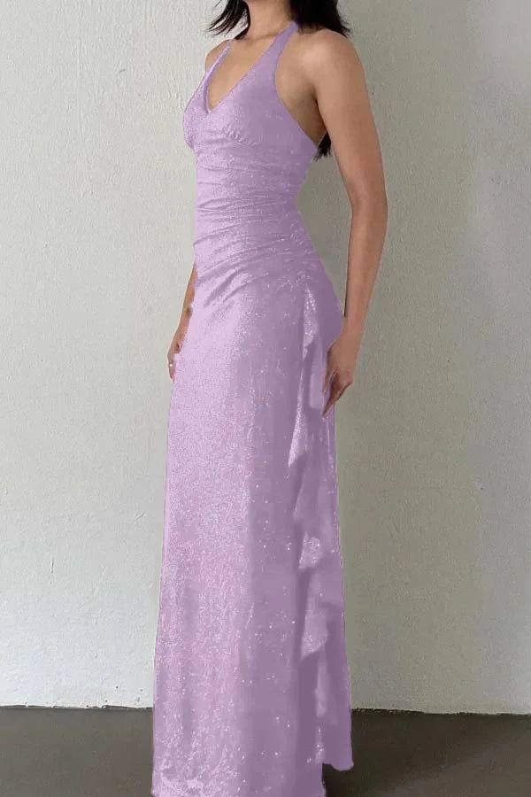 Charming V-Neck Halter Burgundy Ruffles Prom Dress ZT0740