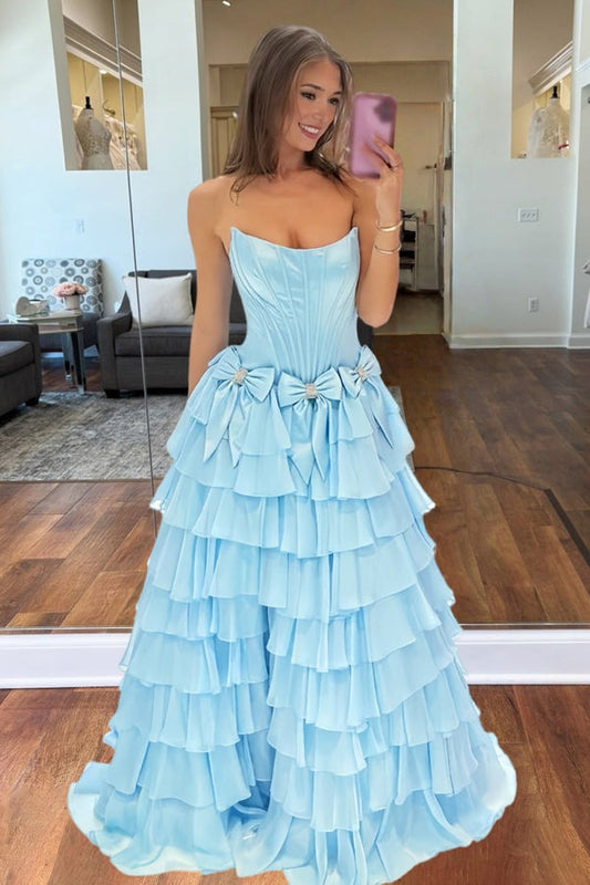 Stunning A-Line Strapless Blue Bow Ruffle Tiered Long Prom Dress