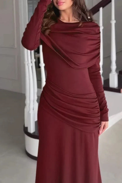 Patchwork Round Neck Long Sleeve Ruched Slim Fit Maxi Dresses