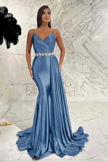 Elegant Red Spaghetti-Straps Deep V-Neck Mermaid Evening Dress With Belt Ruffles ED0472