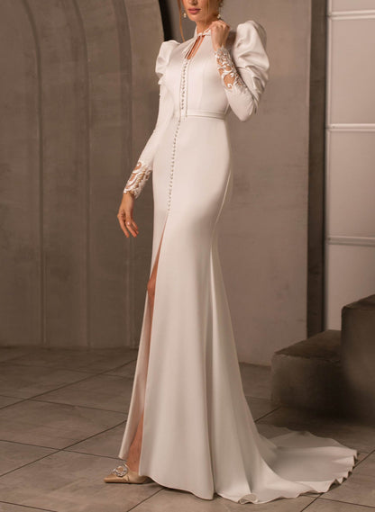 Elegant High Neck Long Sleeves Lace Back Wedding Dress