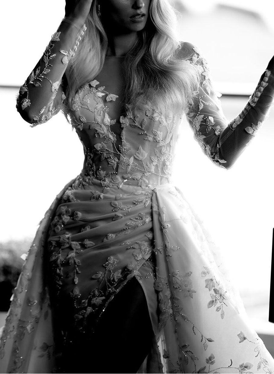 Deep V-Neck Long-Sleeves Sequined 3D-Floral Applique Chiffon Mermaid Wedding Dress